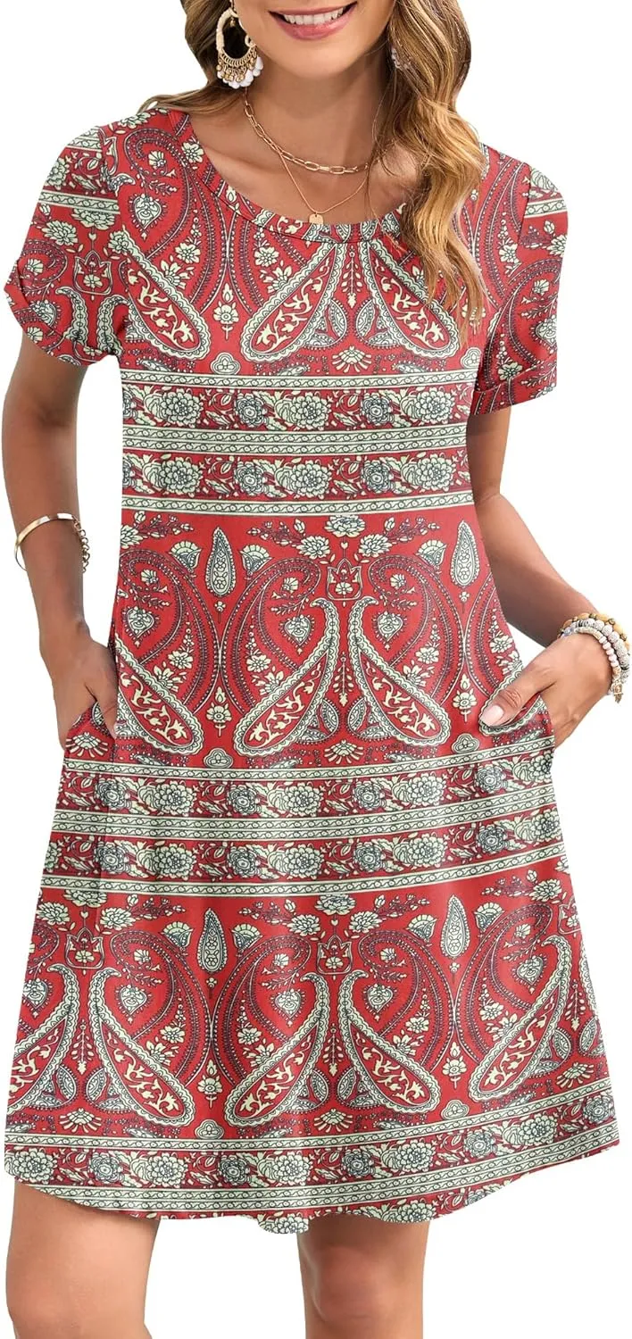 AUSELILY Women's Summer Casual Dresses 2025 Short Sleeve Swing Beach Floral T-Shirt Dress with Pockets