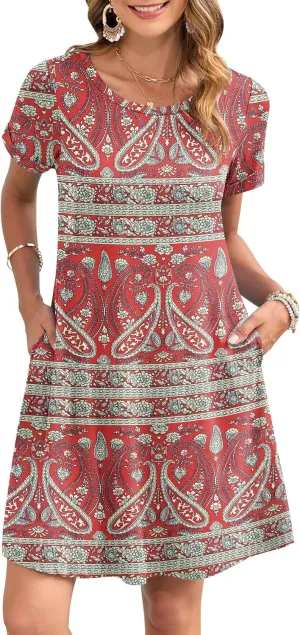 AUSELILY Women's Summer Casual Dresses 2025 Short Sleeve Swing Beach Floral T-Shirt Dress with Pockets