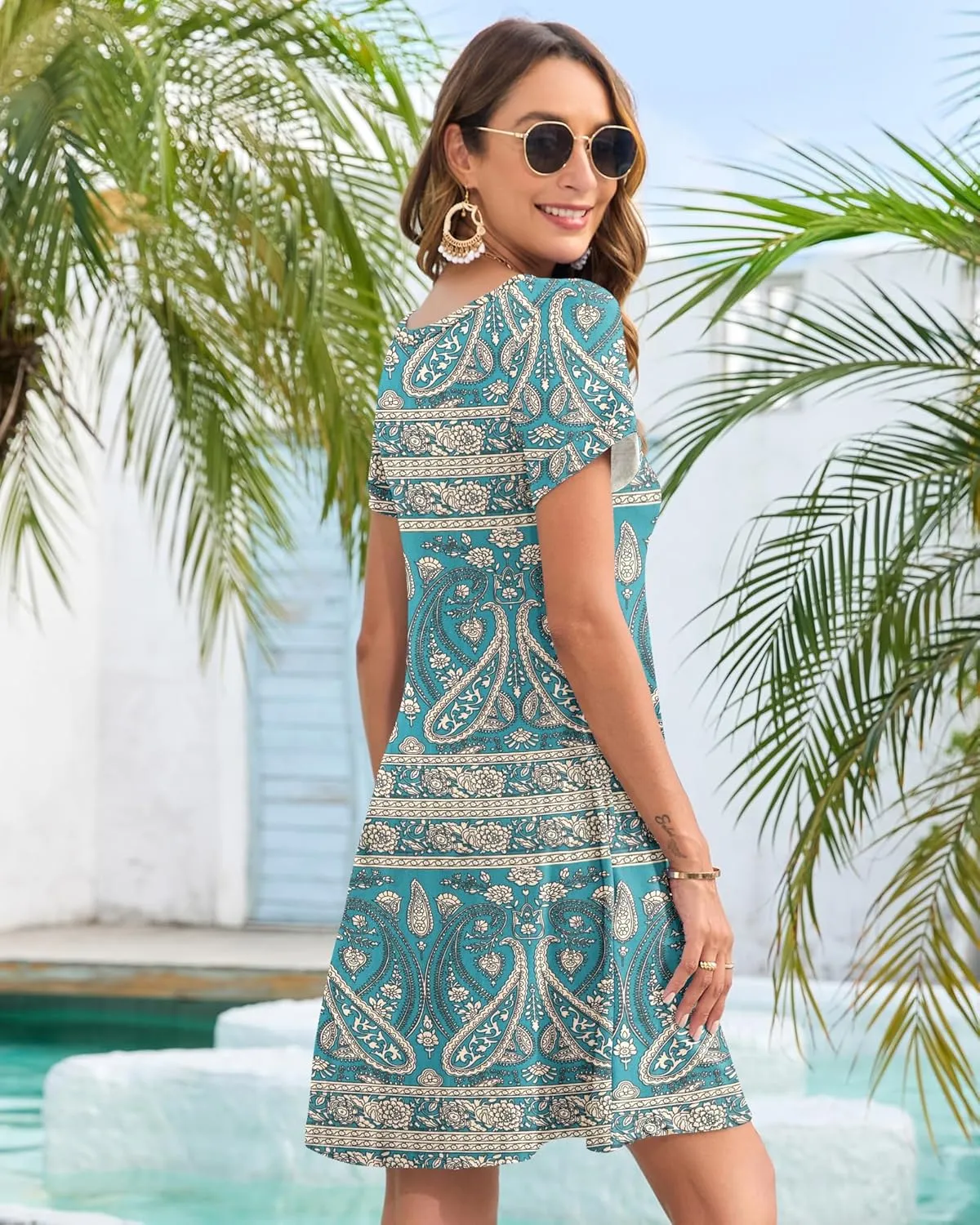 AUSELILY Women's Summer Casual Dresses 2025 Short Sleeve Swing Beach Floral T-Shirt Dress with Pockets