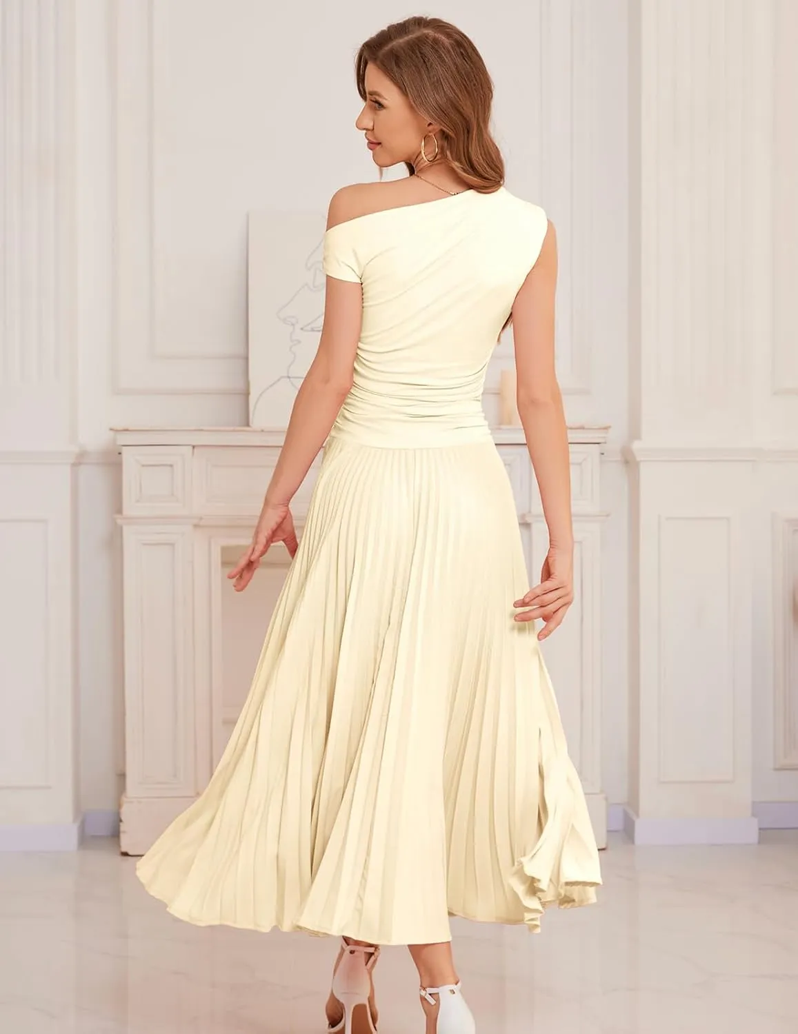 Bbonlinedress Formal Maxi Prom One Shoulder Pleated Cocktail Dress Women Wedding Guest Summer Daily Long Party Dresses