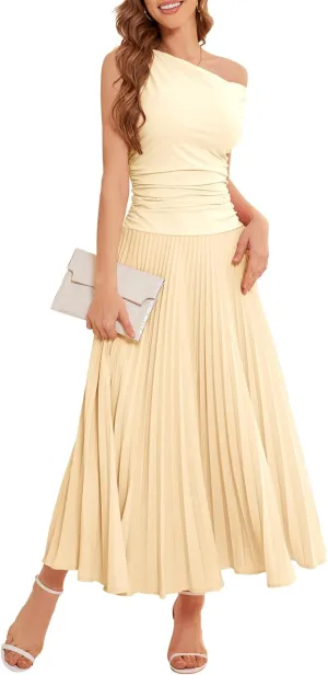 Bbonlinedress Formal Maxi Prom One Shoulder Pleated Cocktail Dress Women Wedding Guest Summer Daily Long Party Dresses