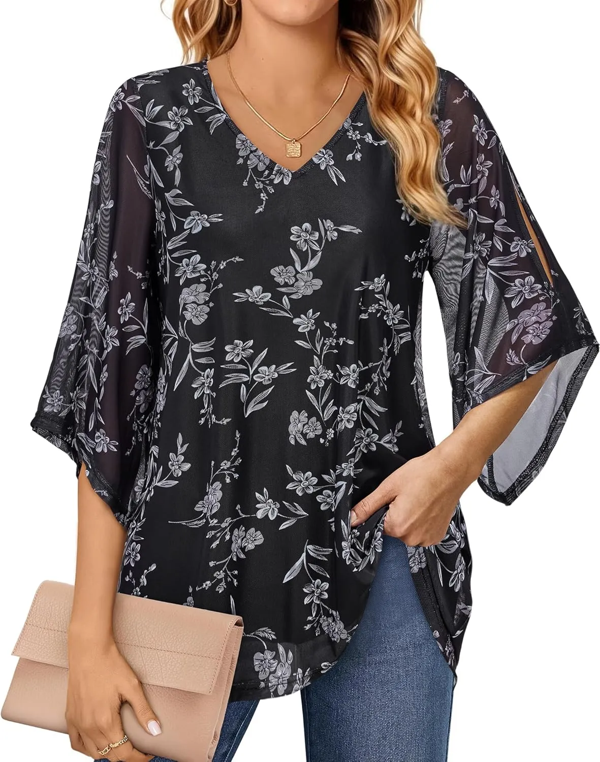 Blouse for Women Dressy Casual Summer Chiffon 3/4 Sleeve Tops Business Work Shirts Double Layered Tunic Evening Party
