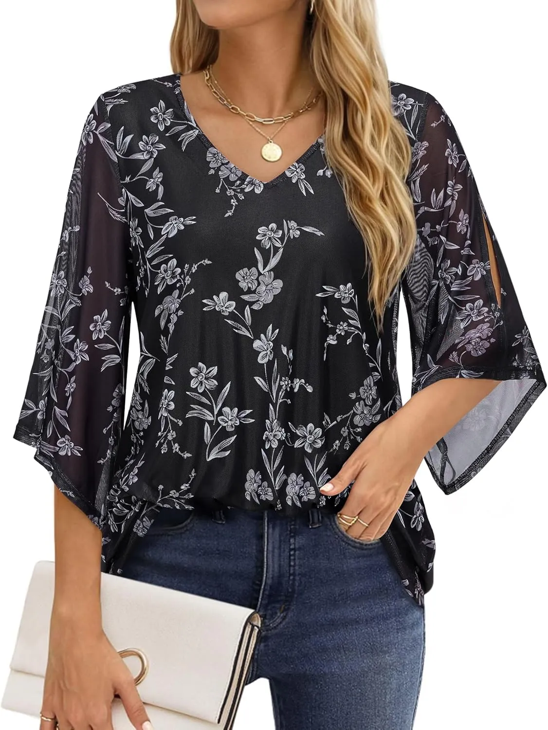 Blouse for Women Dressy Casual Summer Chiffon 3/4 Sleeve Tops Business Work Shirts Double Layered Tunic Evening Party