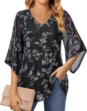 Blouse for Women Dressy Casual Summer Chiffon 3/4 Sleeve Tops Business Work Shirts Double Layered Tunic Evening Party
