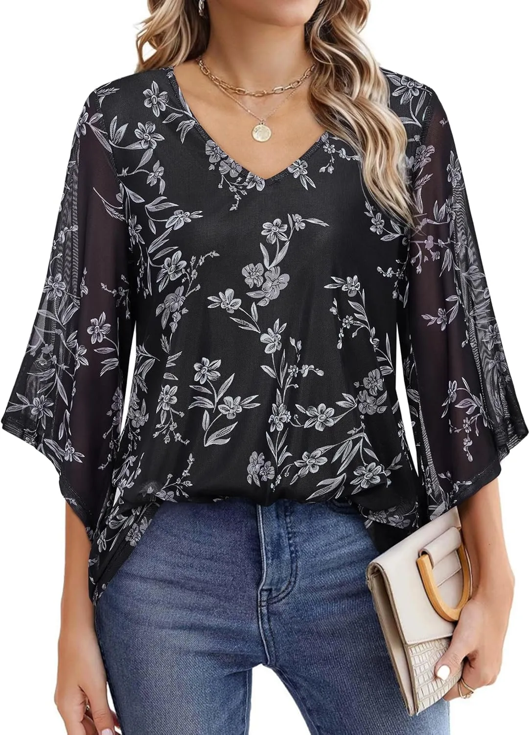 Blouse for Women Dressy Casual Summer Chiffon 3/4 Sleeve Tops Business Work Shirts Double Layered Tunic Evening Party