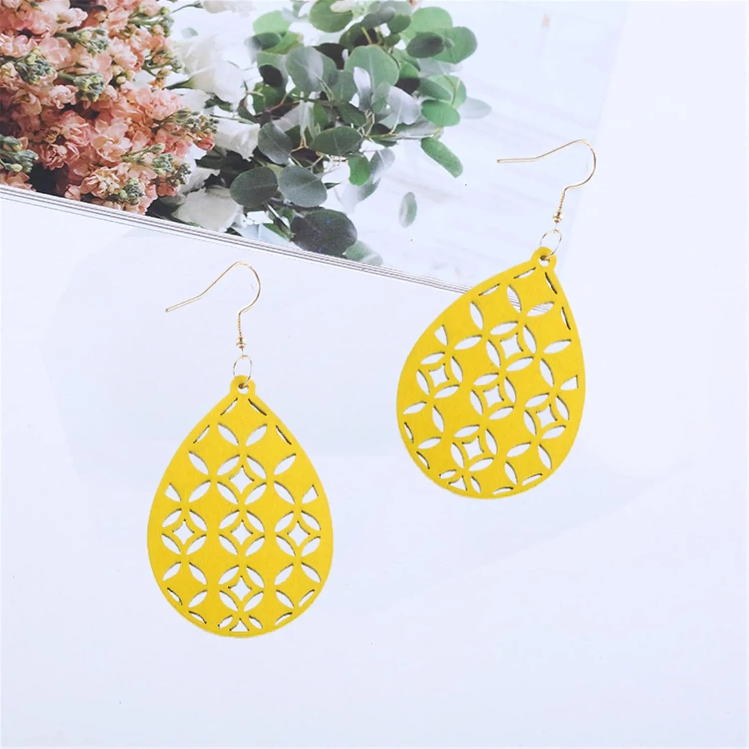 Bohemian Wooden Hollow African Earrings for Women Natural Light Weight Wood Teardrop Drop Dangle Hook Earrings
