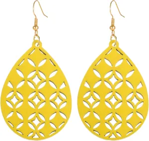 Bohemian Wooden Hollow African Earrings for Women Natural Light Weight Wood Teardrop Drop Dangle Hook Earrings