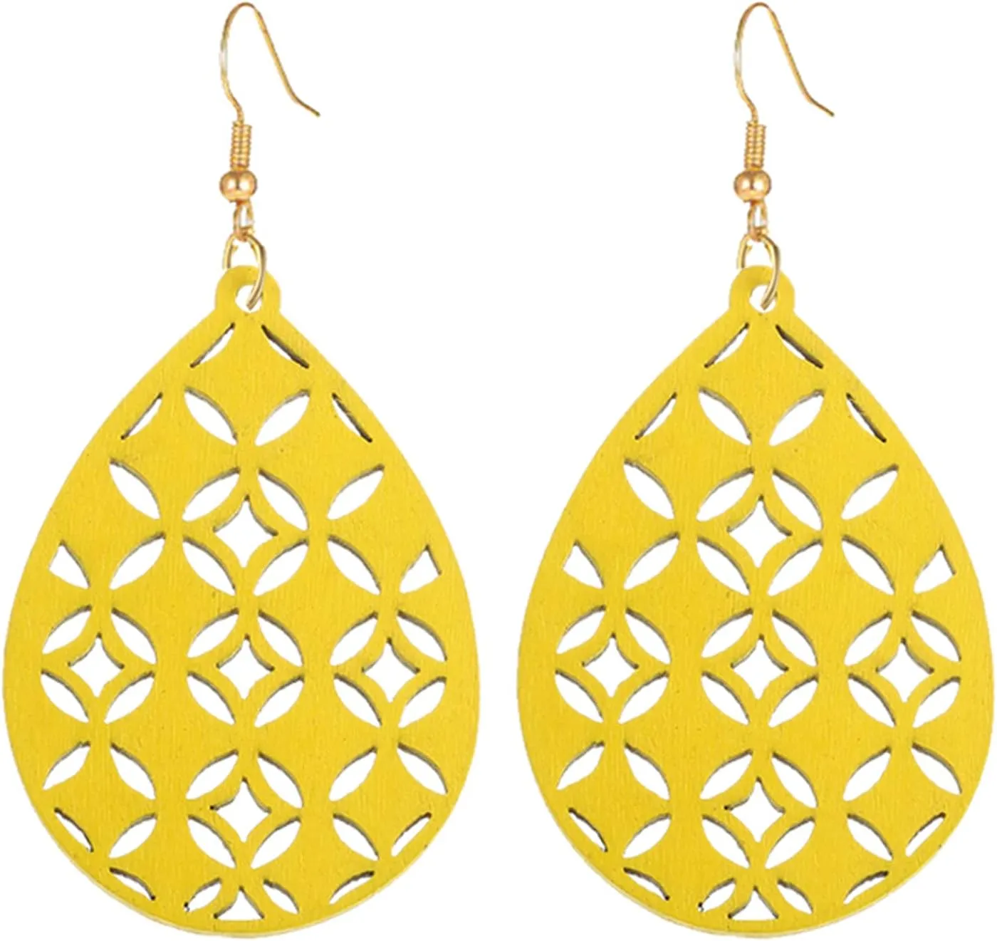 Bohemian Wooden Hollow African Earrings for Women Natural Light Weight Wood Teardrop Drop Dangle Hook Earrings
