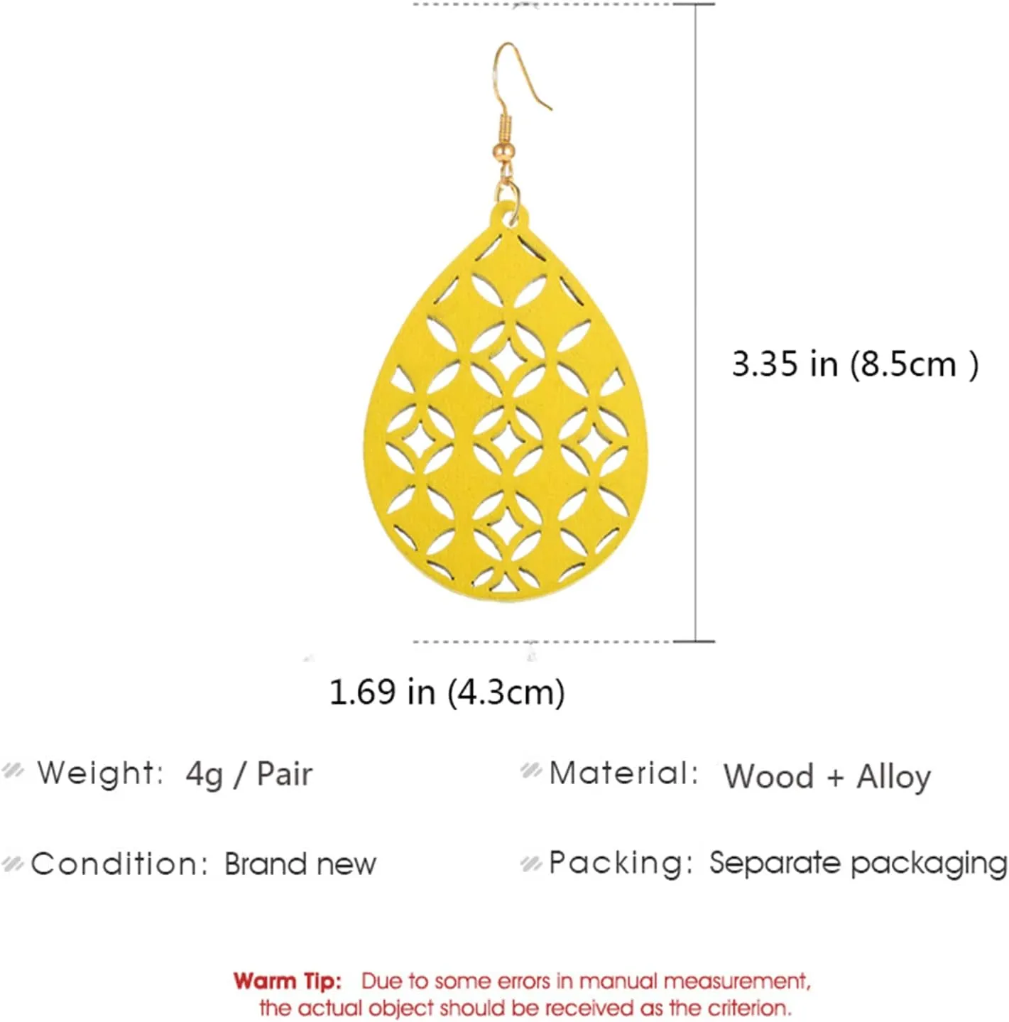 Bohemian Wooden Hollow African Earrings for Women Natural Light Weight Wood Teardrop Drop Dangle Hook Earrings