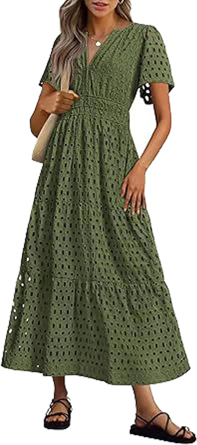 Eyelet Ruffle Dress Women's Short Sleeve Mini Dress Summer V Neck Hollow Out Swing Short Dresses