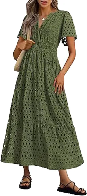 Eyelet Ruffle Dress Women's Short Sleeve Mini Dress Summer V Neck Hollow Out Swing Short Dresses