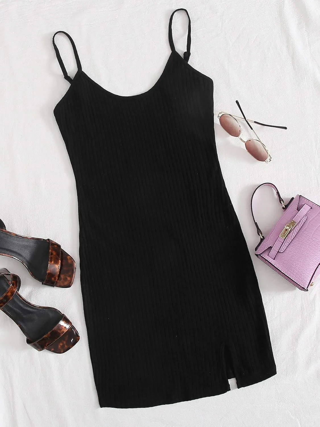 Floerns Women's Casual Solid Sleeveless Cami Split Hem Ribbed Knit Bodycon Mini Dress