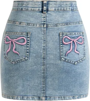 Girl's Bow Denim Skirts Embroided Mini Skirts High Waisted Casual Bodycon Jean Skirt with Pockets Light Wash 11Y