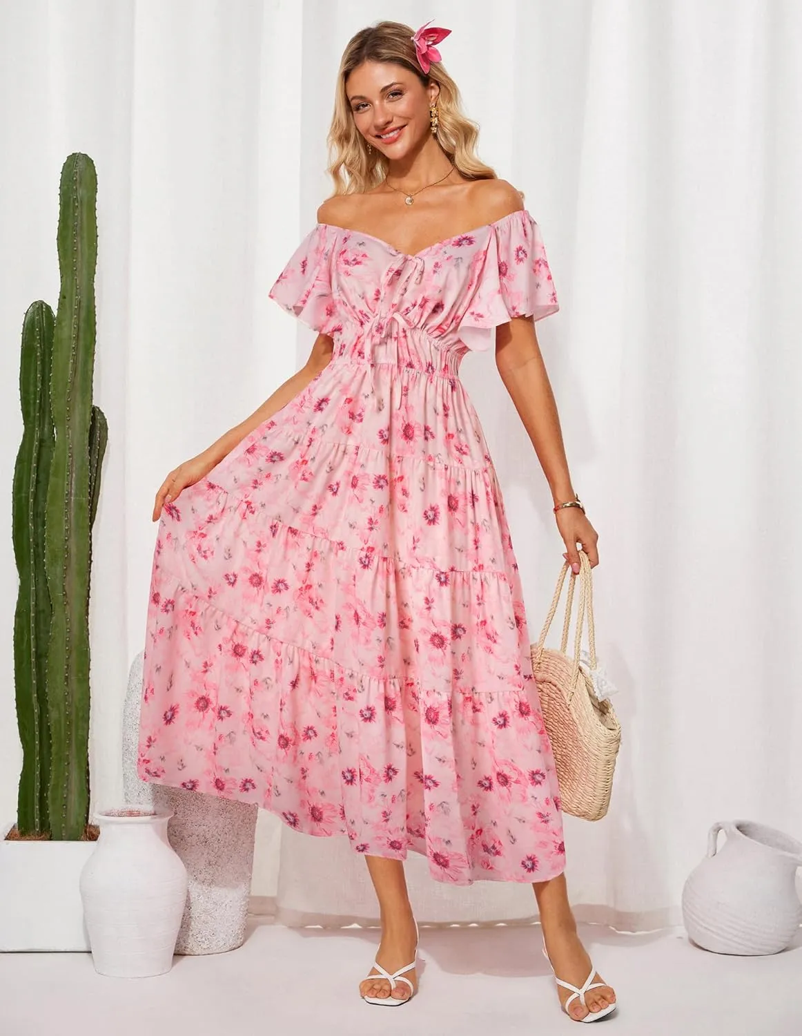 GRACE KARIN Womens 2025 Floral Summer V-Neck Ruffle Sleeve Empire Waist A-Line Casual Maxi Tiered Dress with Pockets