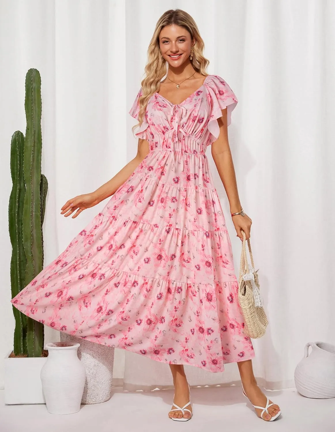 GRACE KARIN Womens 2025 Floral Summer V-Neck Ruffle Sleeve Empire Waist A-Line Casual Maxi Tiered Dress with Pockets