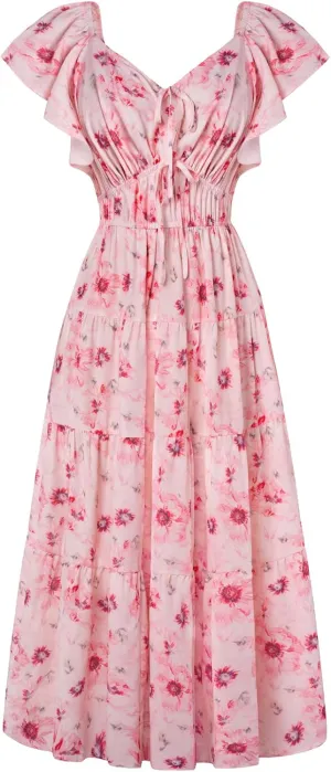 GRACE KARIN Womens 2025 Floral Summer V-Neck Ruffle Sleeve Empire Waist A-Line Casual Maxi Tiered Dress with Pockets