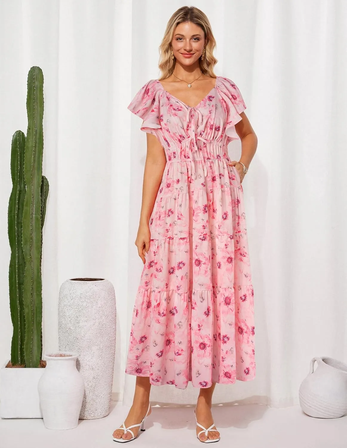 GRACE KARIN Womens 2025 Floral Summer V-Neck Ruffle Sleeve Empire Waist A-Line Casual Maxi Tiered Dress with Pockets