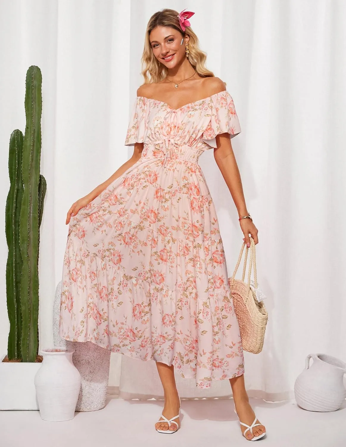 GRACE KARIN Womens 2025 Floral Summer V-Neck Ruffle Sleeve Empire Waist A-Line Casual Maxi Tiered Dress with Pockets