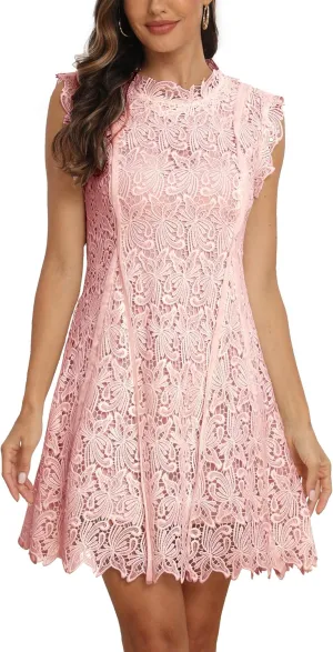 iceKiss Women's Sleeveless Round Neck Lace Floral Elegant Cocktail Mini A-Line Dress