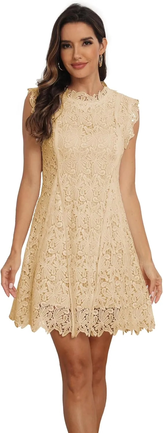 iceKiss Women's Sleeveless Round Neck Lace Floral Elegant Cocktail Mini A-Line Dress