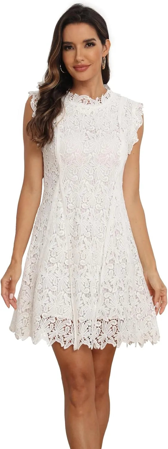 iceKiss Women's Sleeveless Round Neck Lace Floral Elegant Cocktail Mini A-Line Dress