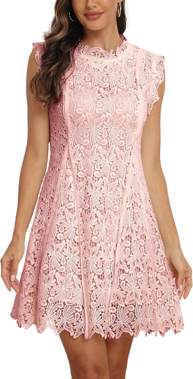 iceKiss Women's Sleeveless Round Neck Lace Floral Elegant Cocktail Mini A-Line Dress