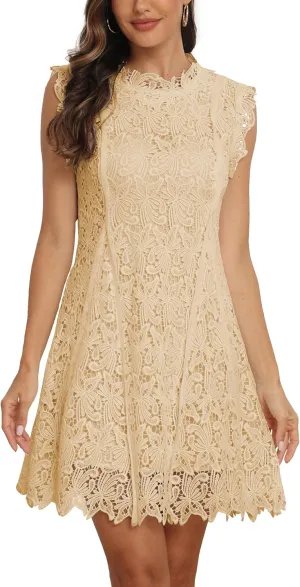 iceKiss Women's Sleeveless Round Neck Lace Floral Elegant Cocktail Mini A-Line Dress
