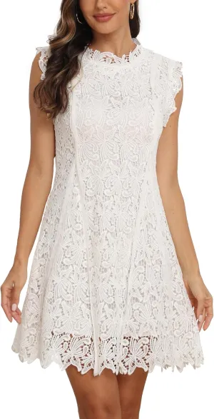 iceKiss Women's Sleeveless Round Neck Lace Floral Elegant Cocktail Mini A-Line Dress