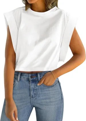 IWD Cap Sleeve Tops for Women Summer Crewneck Drop Shoulder Cropped Tank Top Dressy Casual Loose Fit Basic T-Shirts