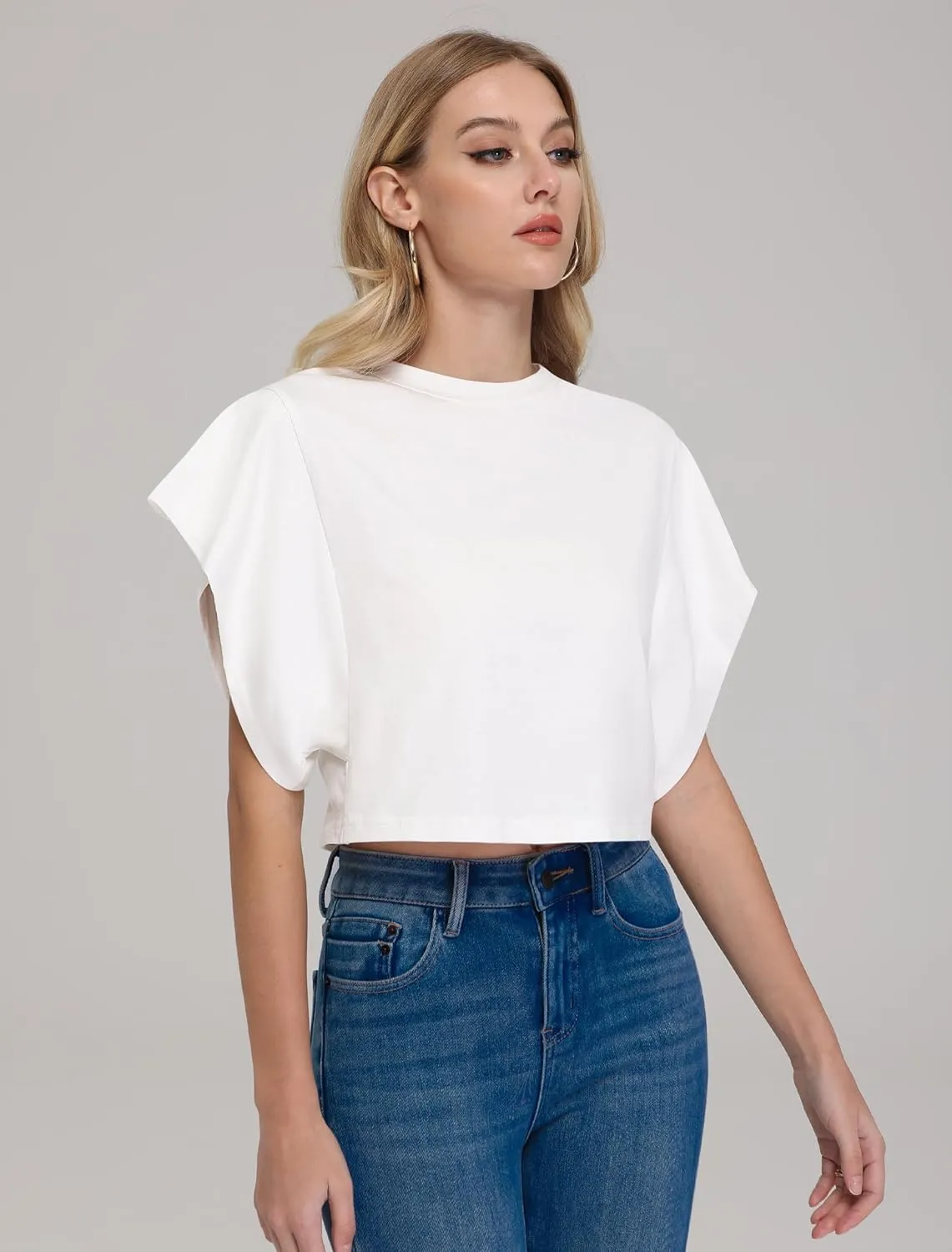 IWD Cap Sleeve Tops for Women Summer Crewneck Drop Shoulder Cropped Tank Top Dressy Casual Loose Fit Basic T-Shirts