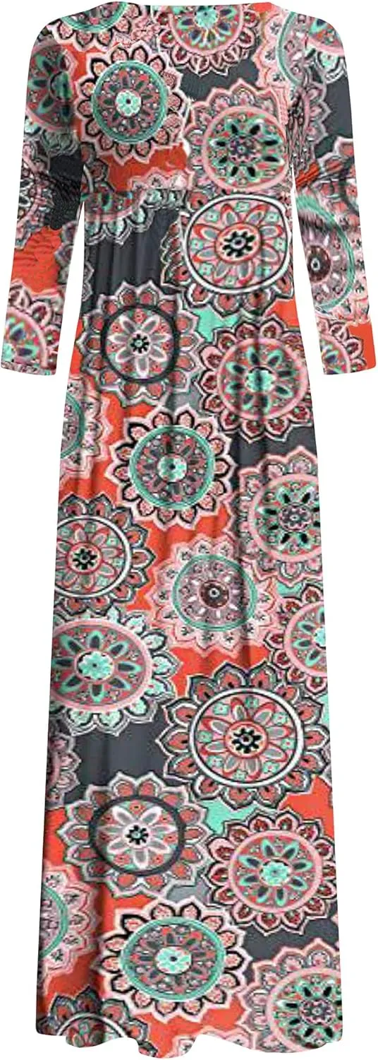 Jacansi Women's Cotton 3/4 Long Sleeve Maxi Dress Casual Home Dress Pocket Oversize