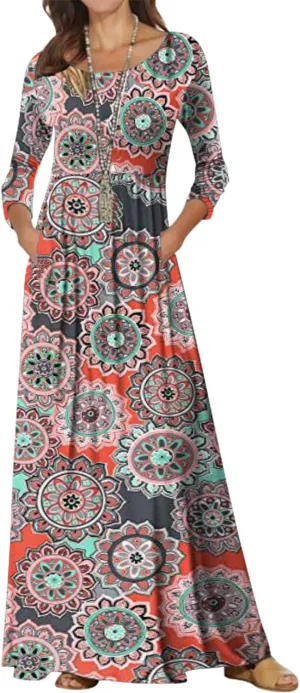 Jacansi Women's Cotton 3/4 Long Sleeve Maxi Dress Casual Home Dress Pocket Oversize