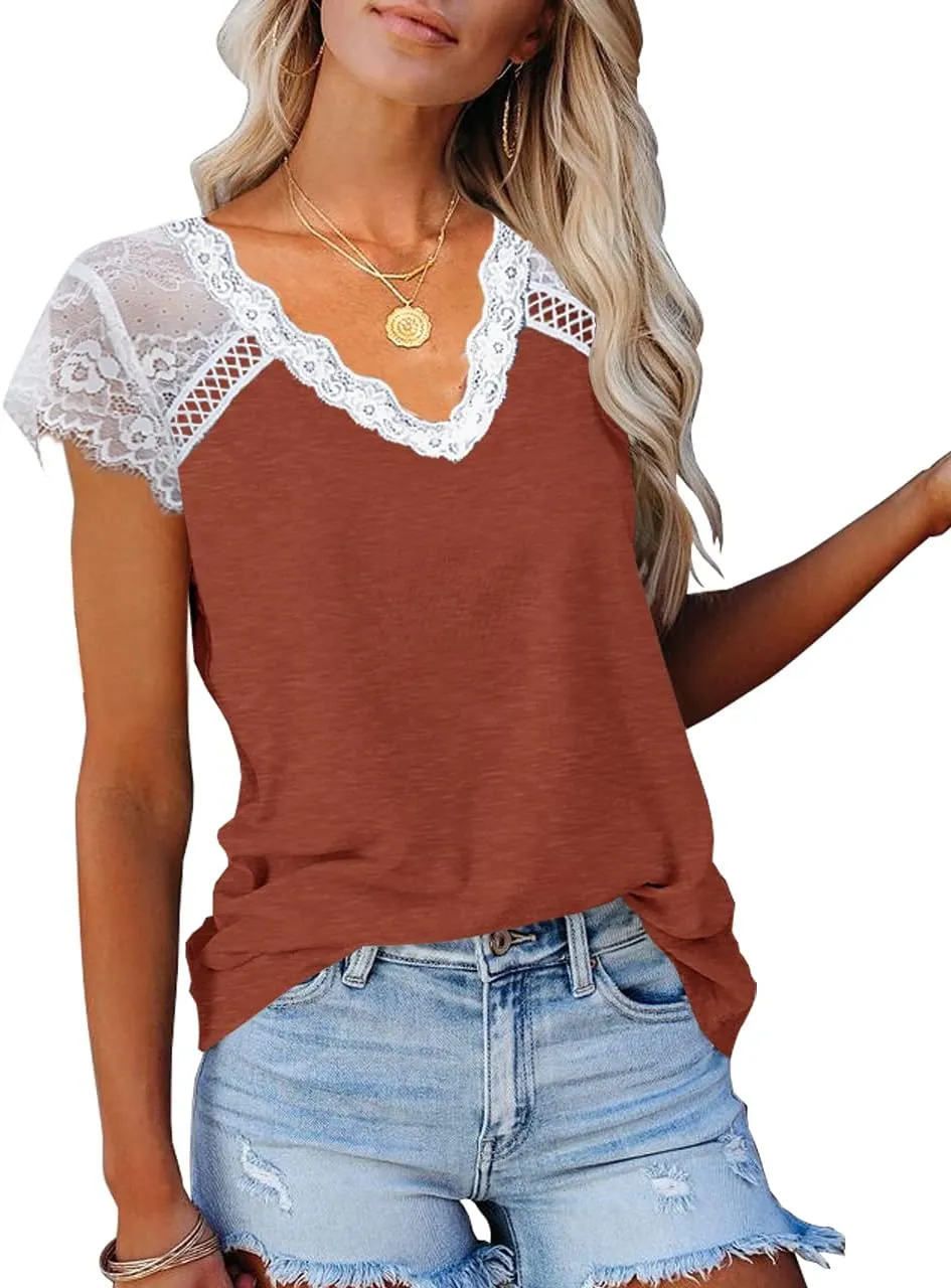 KINLONSAIR Women's Crochet Lace Basic V-Neck T-Shirts Short Sleeve Loose Fitting Tunic Tank Tops