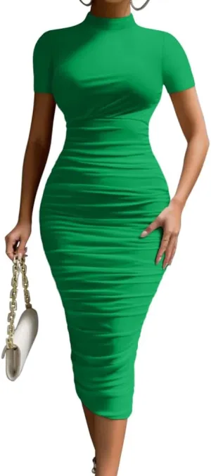 LAGSHIAN Women's Elegant Bodycon High Neck Short Sleeve Ruched Midi Cocktail Dress