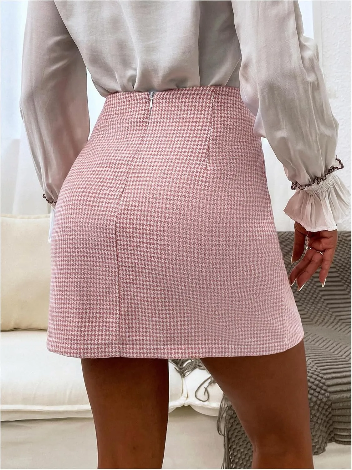 MakeMeChic Women's Houndstooth Mini Skirt High Waist Zipper Elegant Bodycon Short Skirts