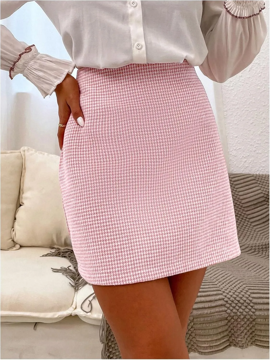 MakeMeChic Women's Houndstooth Mini Skirt High Waist Zipper Elegant Bodycon Short Skirts