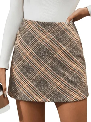 MakeMeChic Women's Houndstooth Mini Skirt High Waist Zipper Elegant Bodycon Short Skirts