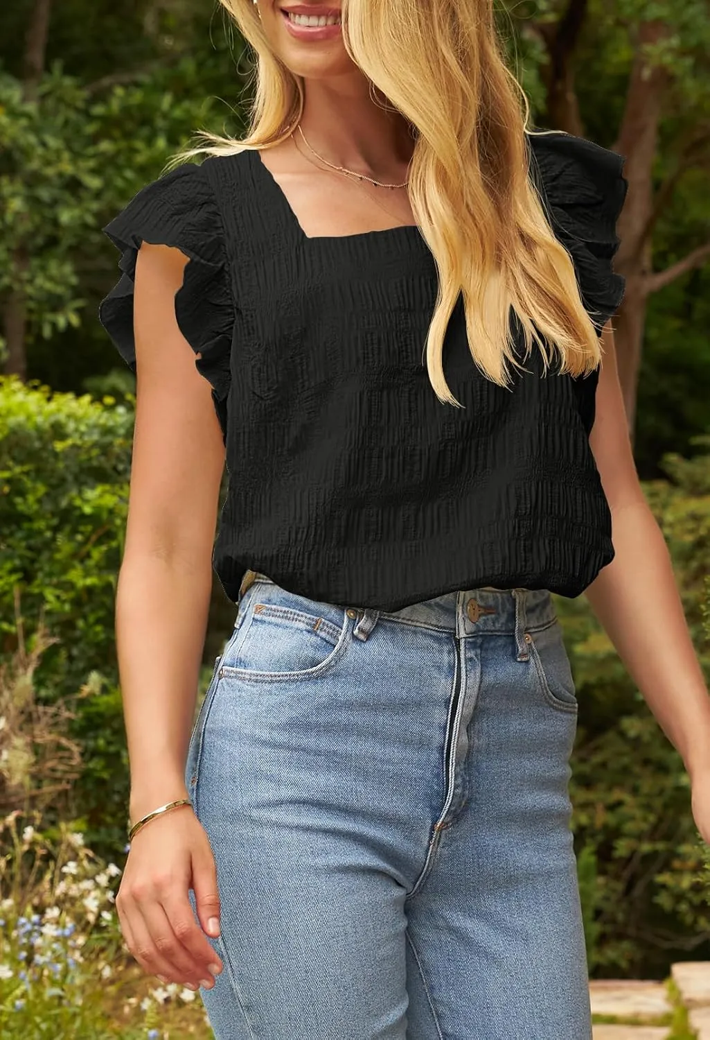 MEROKEETY Women's 2025 Summer Ruffle Cap Sleeve Blouse Square Neck Textured Shirt Dressy Casual Tops