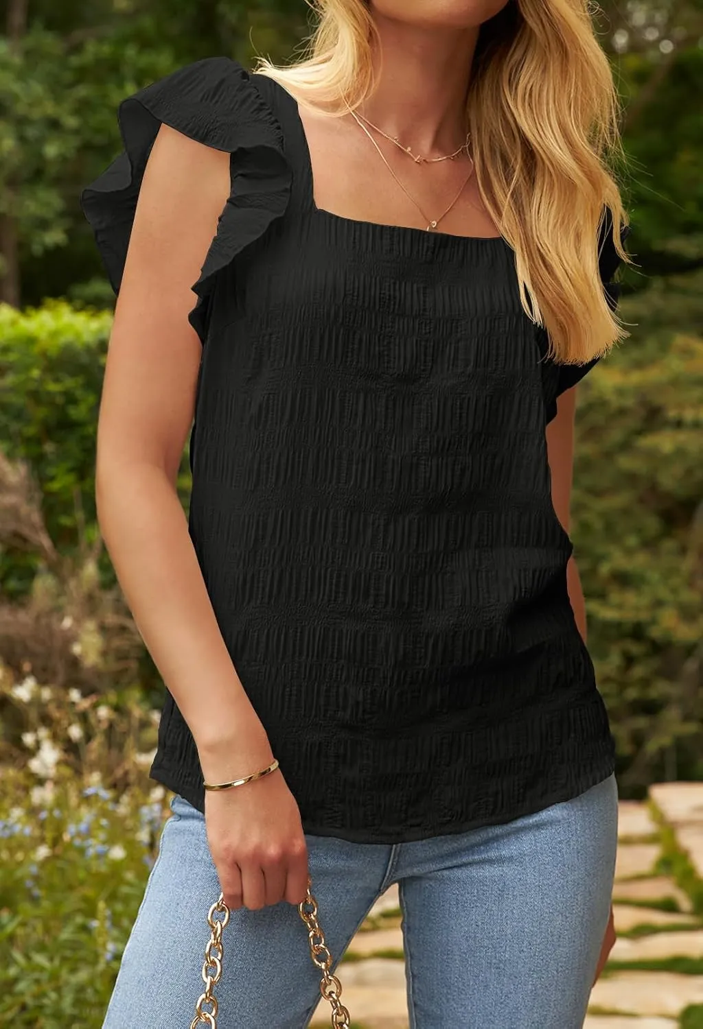 MEROKEETY Women's 2025 Summer Ruffle Cap Sleeve Blouse Square Neck Textured Shirt Dressy Casual Tops