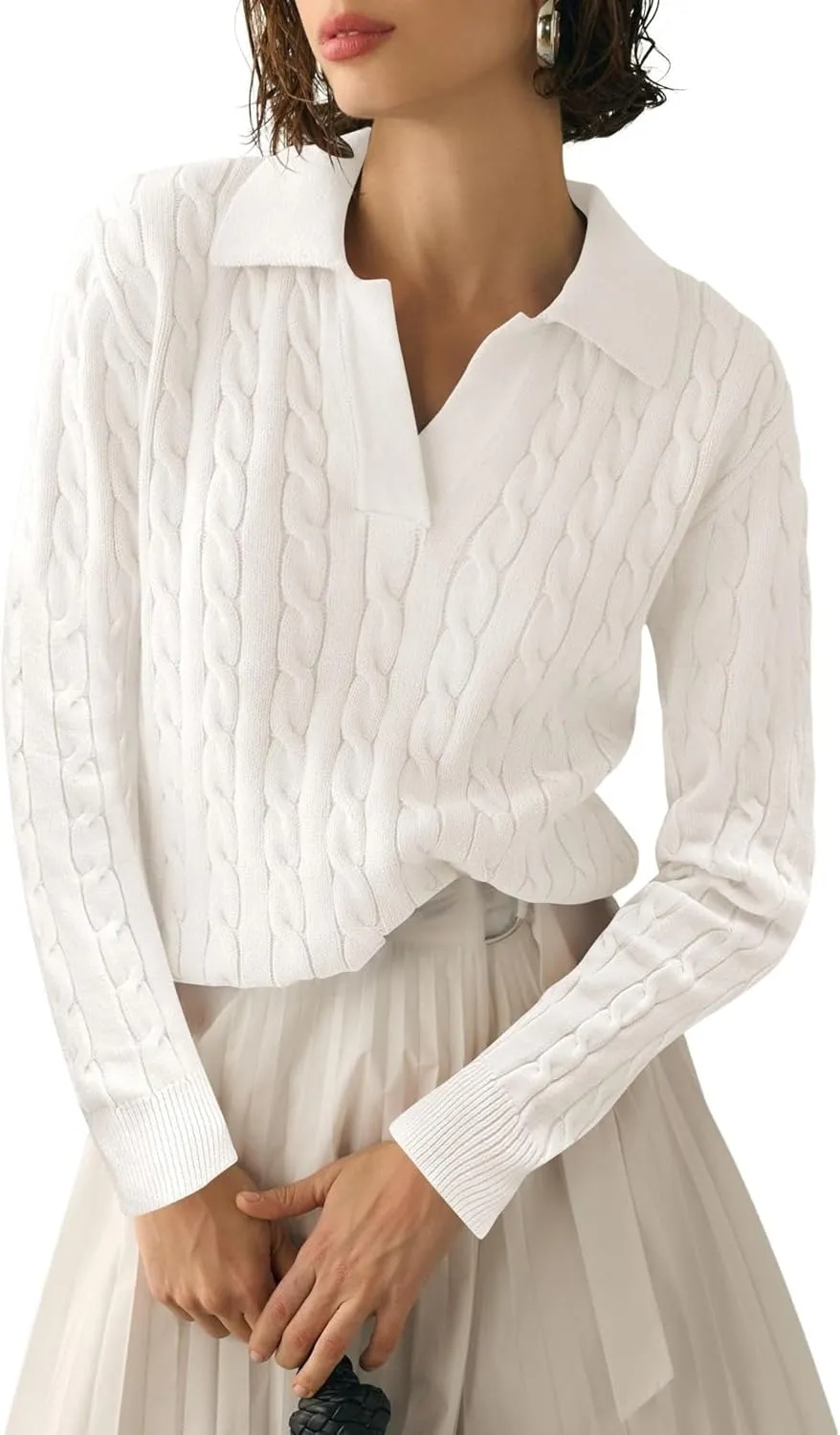 Micoson Womens Fall Long Sleeve Sweaters Lapel V Neck Cable Knitted Pullover Casual Soft Jumper Top