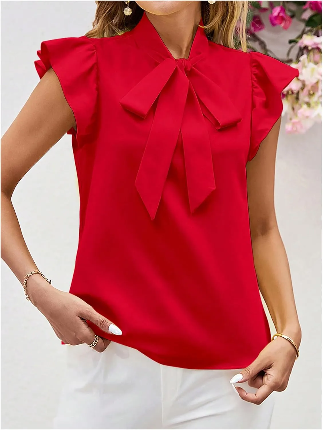 Milumia Women's Tie Neck Ruffle Cap Sleeve Blouses Summer Elegant Work Shirts