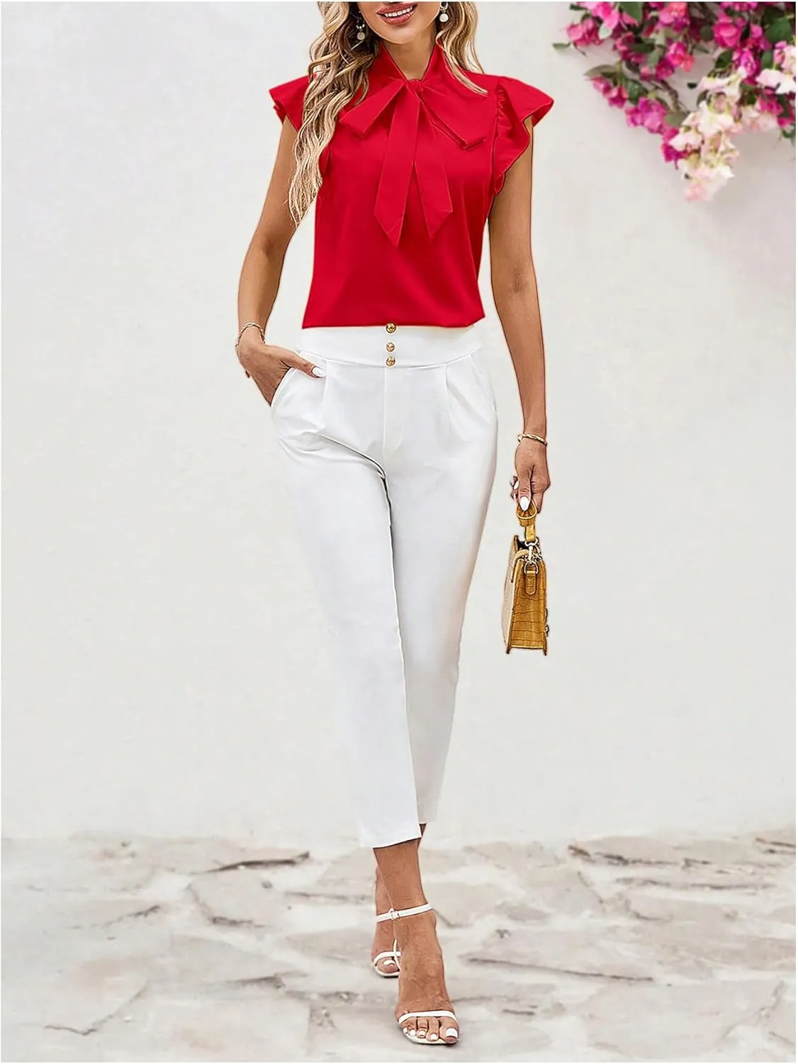 Milumia Women's Tie Neck Ruffle Cap Sleeve Blouses Summer Elegant Work Shirts