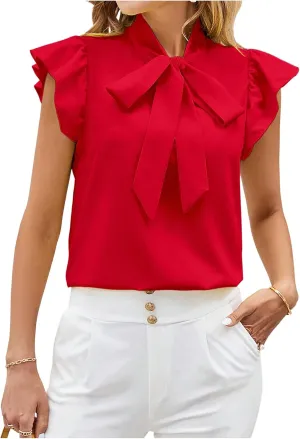 Milumia Women's Tie Neck Ruffle Cap Sleeve Blouses Summer Elegant Work Shirts