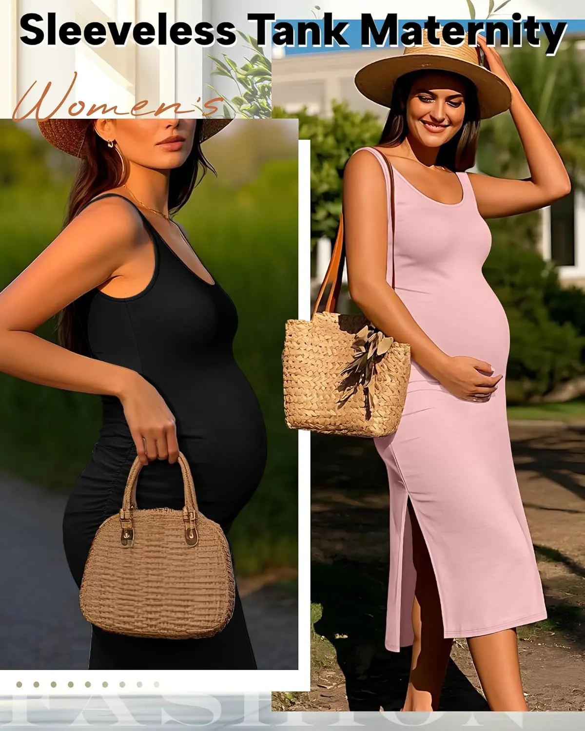 Neer 2 Pack Women's Maternity Dress Casual Sleeveless Tank Cotton Knit Pregnancy Clothes Split Long Tight Bodycon Midi Dress