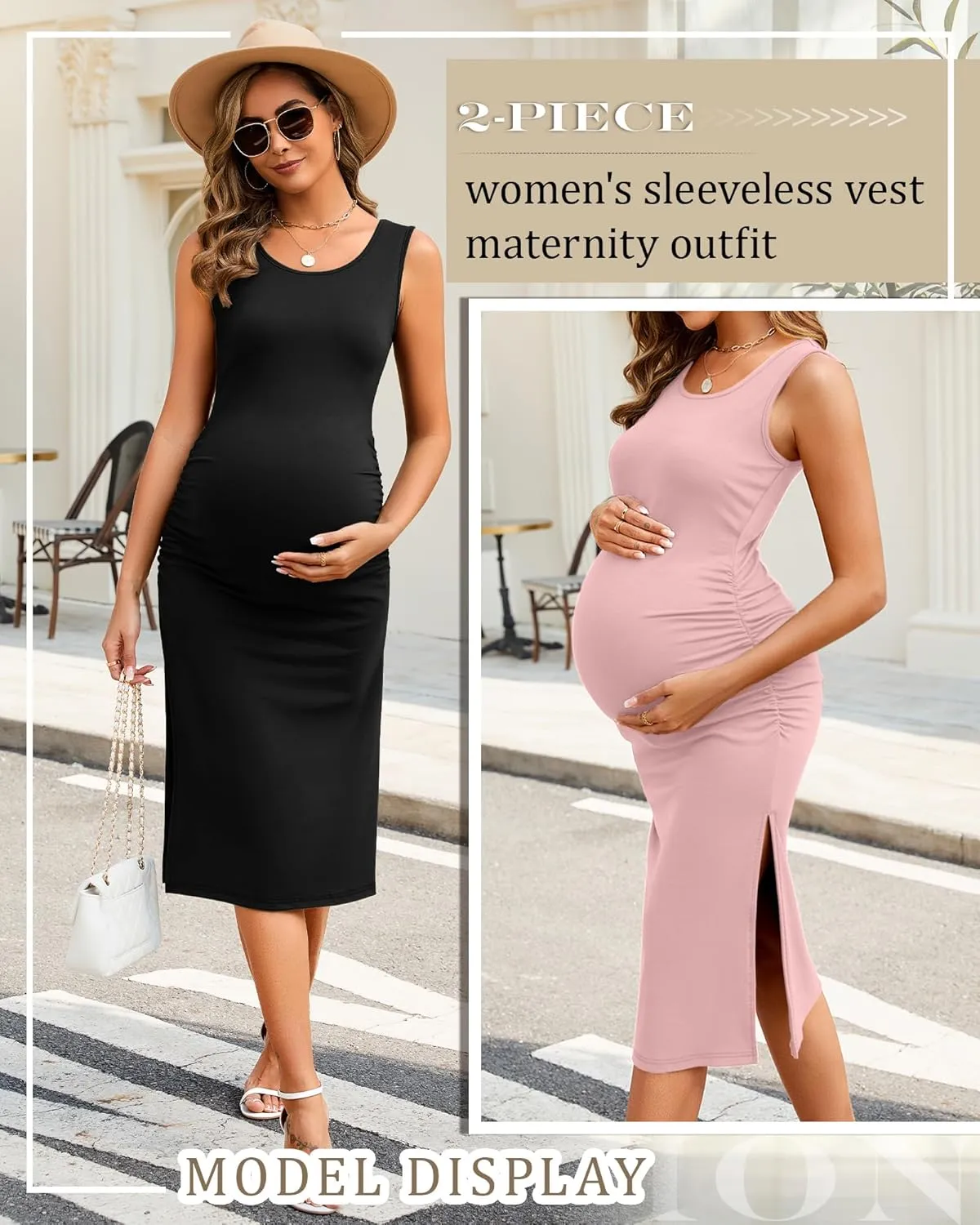 Neer 2 Pack Women's Maternity Dress Casual Sleeveless Tank Cotton Knit Pregnancy Clothes Split Long Tight Bodycon Midi Dress