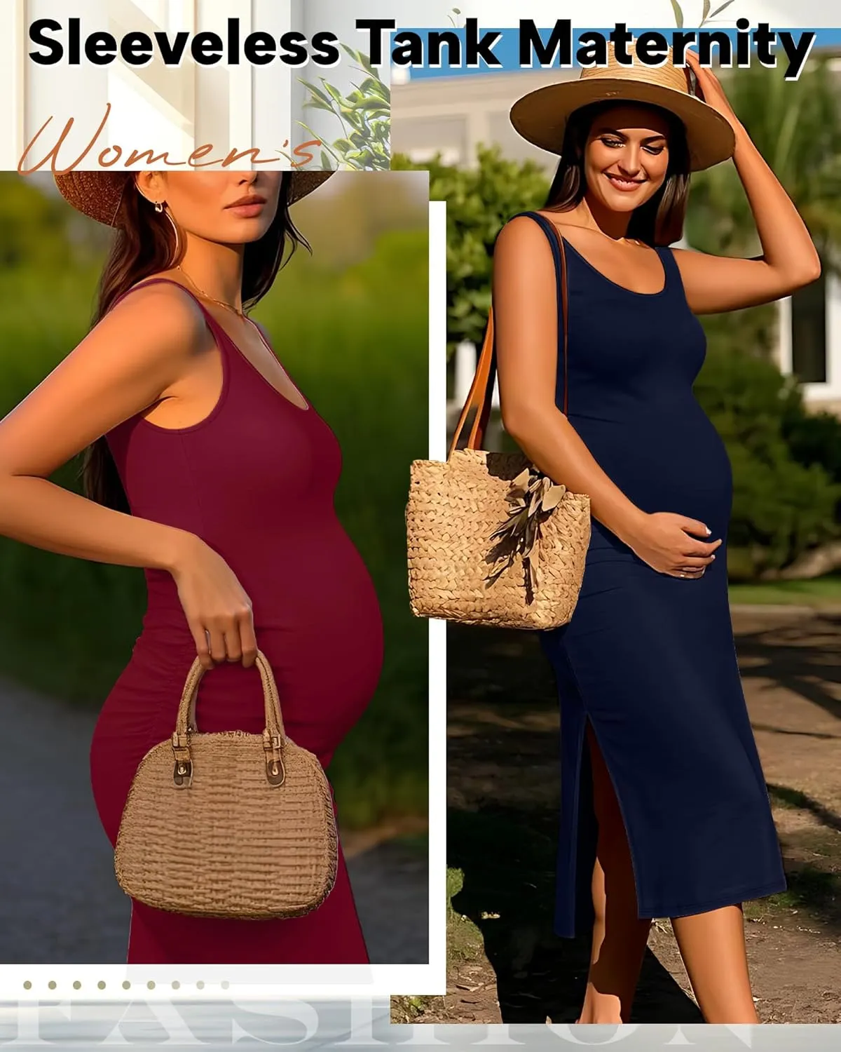 Neer 2 Pack Women's Maternity Dress Casual Sleeveless Tank Cotton Knit Pregnancy Clothes Split Long Tight Bodycon Midi Dress