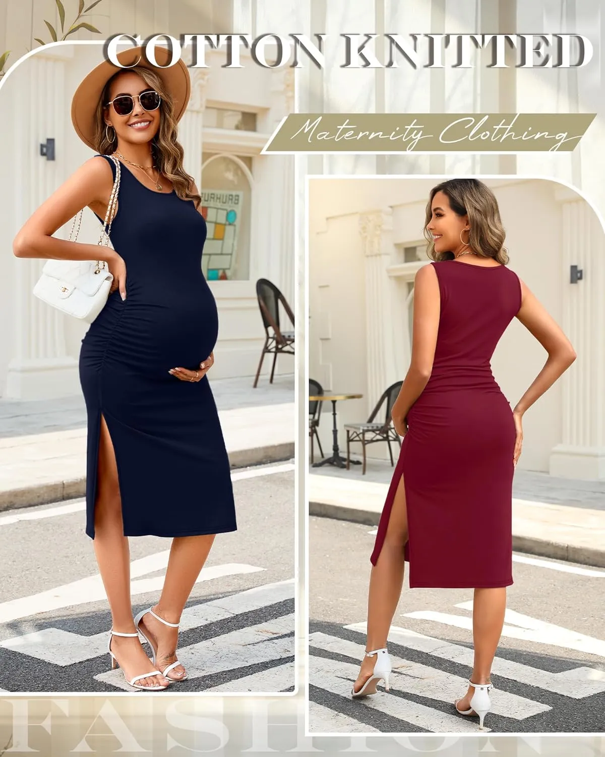 Neer 2 Pack Women's Maternity Dress Casual Sleeveless Tank Cotton Knit Pregnancy Clothes Split Long Tight Bodycon Midi Dress