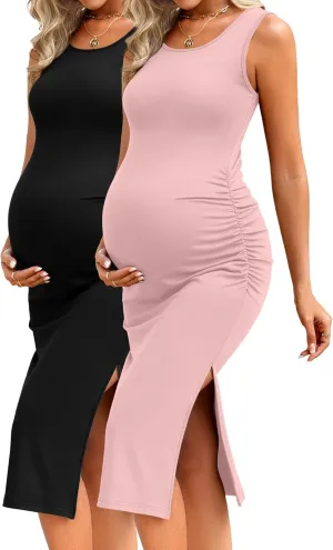 Neer 2 Pack Women's Maternity Dress Casual Sleeveless Tank Cotton Knit Pregnancy Clothes Split Long Tight Bodycon Midi Dress