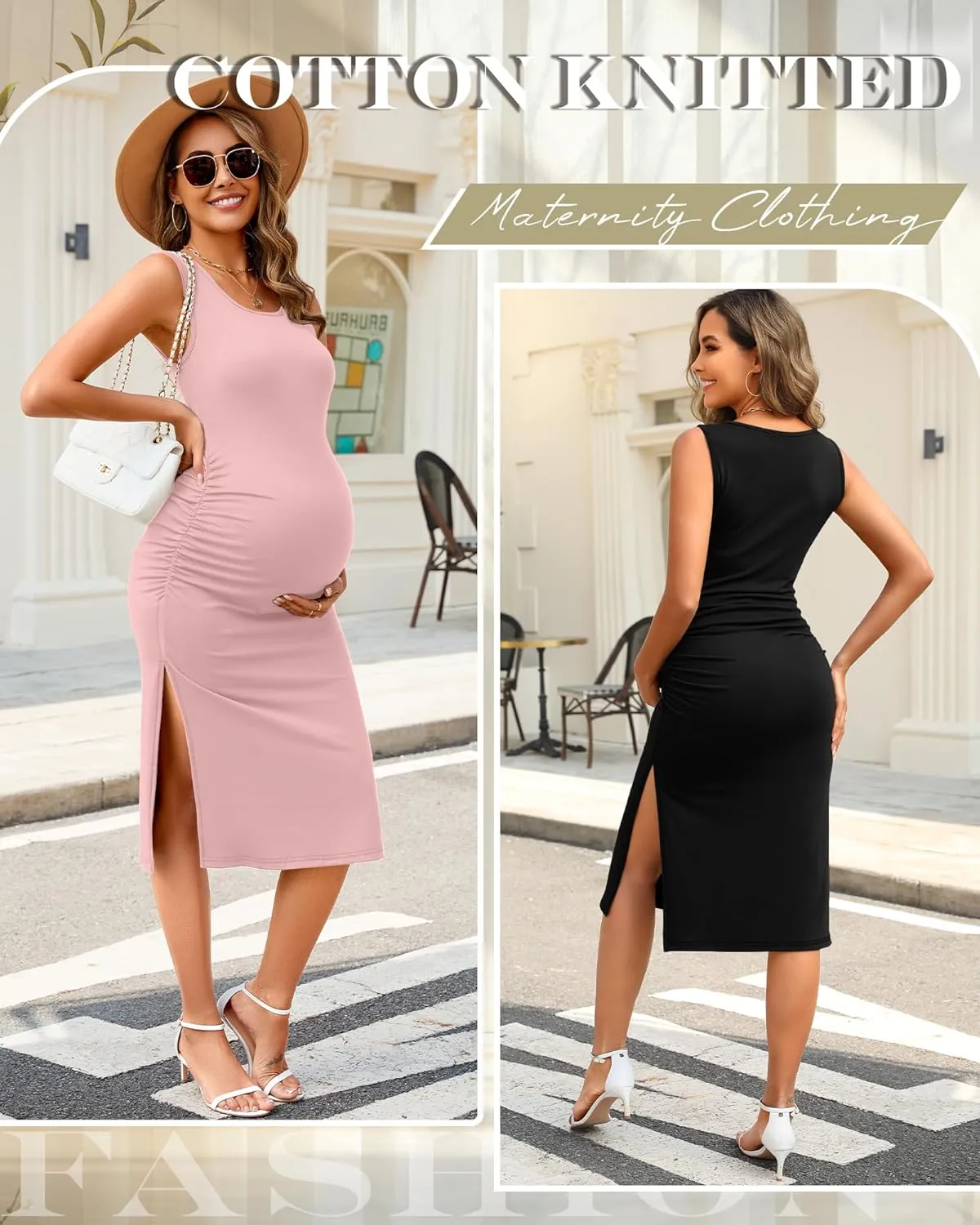 Neer 2 Pack Women's Maternity Dress Casual Sleeveless Tank Cotton Knit Pregnancy Clothes Split Long Tight Bodycon Midi Dress