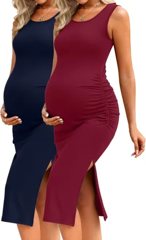 Neer 2 Pack Women's Maternity Dress Casual Sleeveless Tank Cotton Knit Pregnancy Clothes Split Long Tight Bodycon Midi Dress